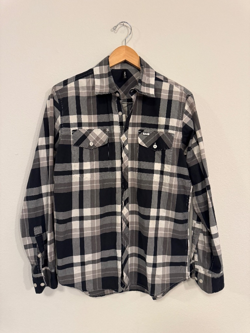RVCA by PM Tenore Black Gray Plaid 2 Pocket Button Up Shirt Men's S